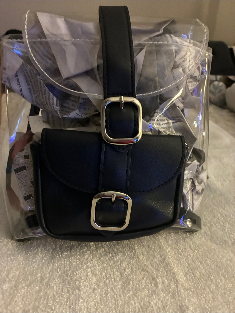 NWOT Clear PVC Backpack with Black Faux Leather Pouch adjustable shoulder straps